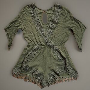 Green Embroidered Eyelet Shorts Jumpsuit Romper M